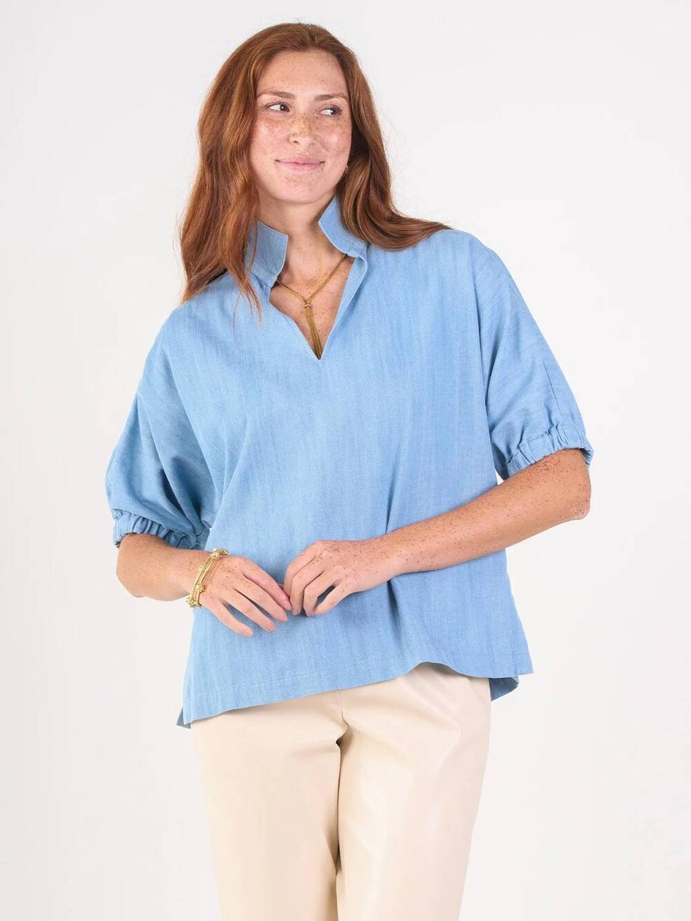 NEW EMILY MCCARTHY women's poppy top in denim chambray